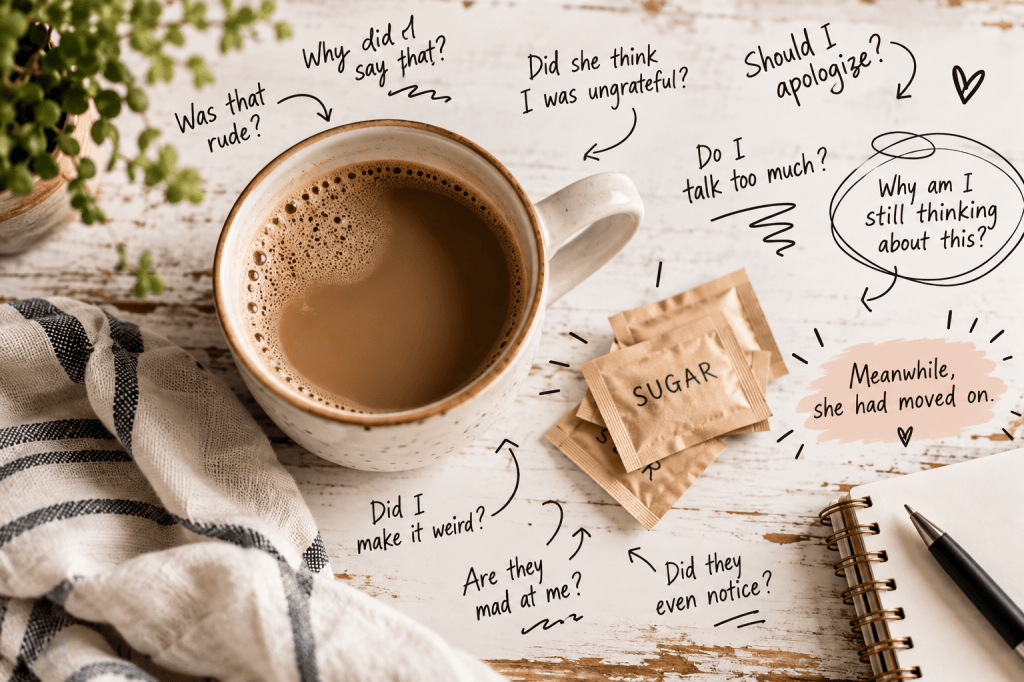 Coffee cup and sugar packets surrounded by handwritten overthinking questions.