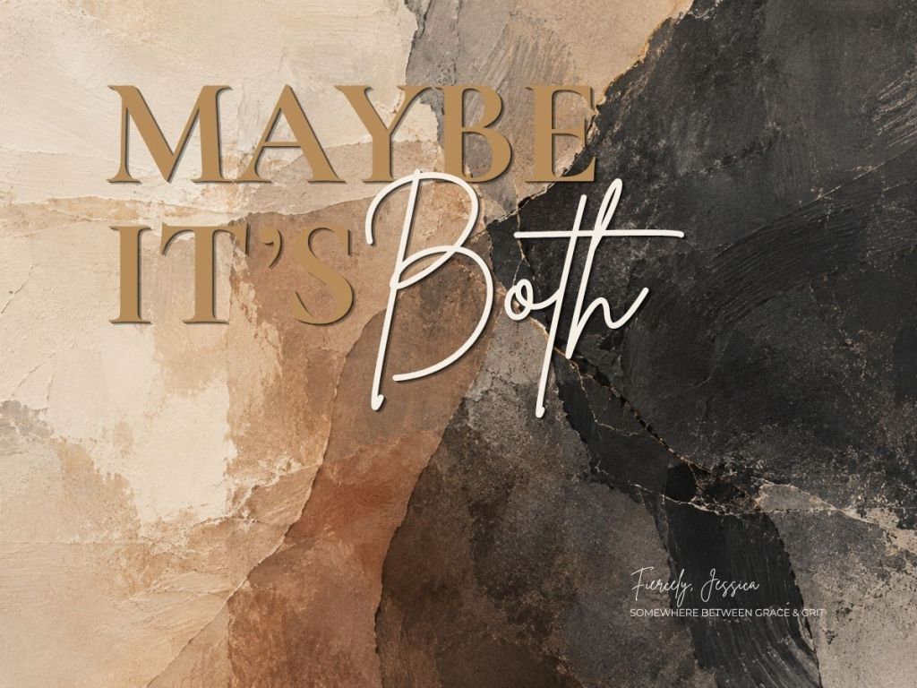 Abstract textured artwork in cream, tan, gray and black with the title “Maybe It’s Both” and Fiercely, Jessica branding.